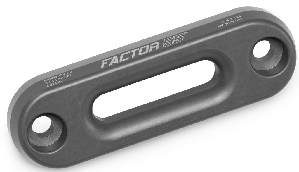 Factor 55 Xtv Fairlead Hawse for winch, 4.875-inch, black metal with mounting holes, designed for off-road vehicle winching.