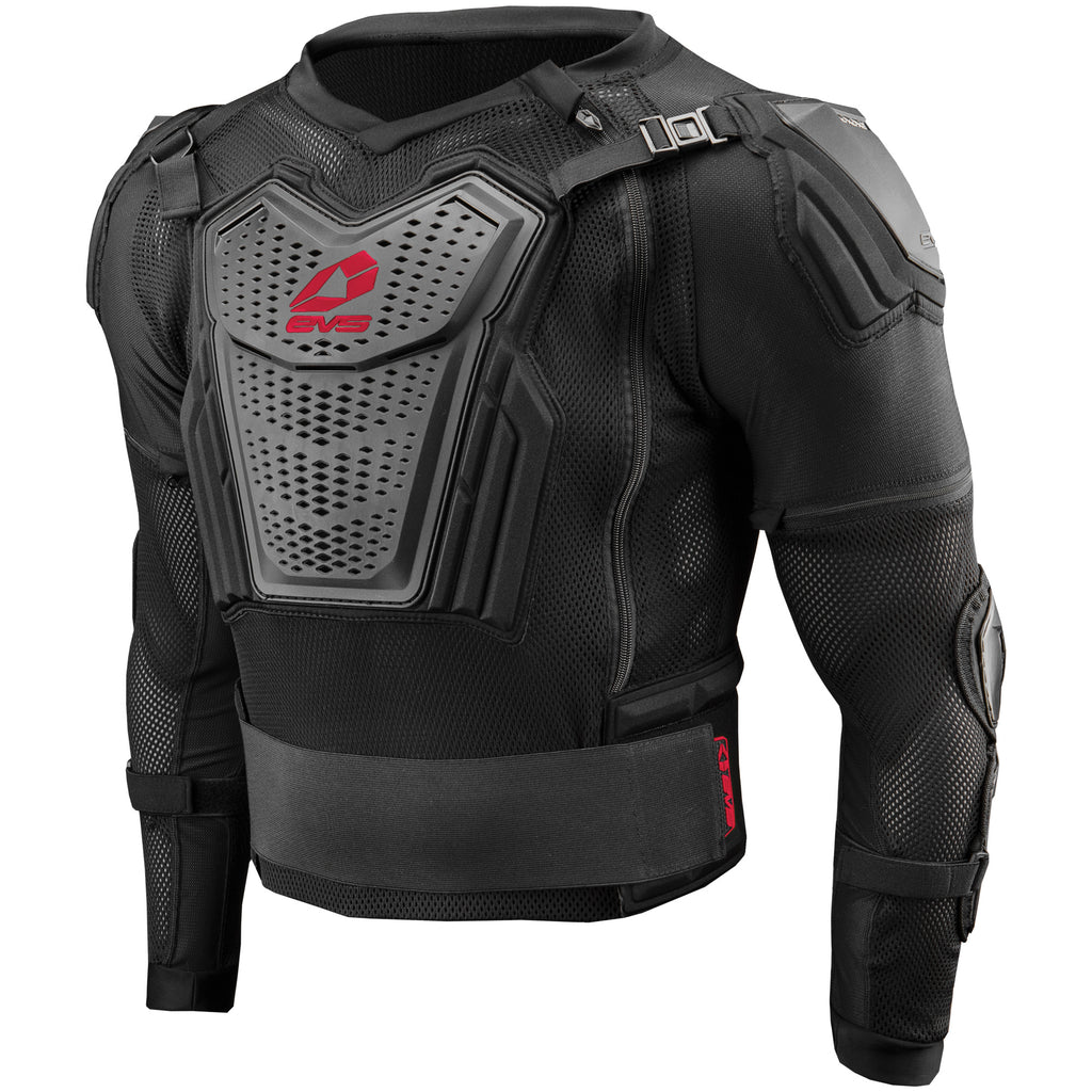 Youth black and red EVS Ballistic Jersey Comp Suit, size small, showing padded protective gear and sporty design.