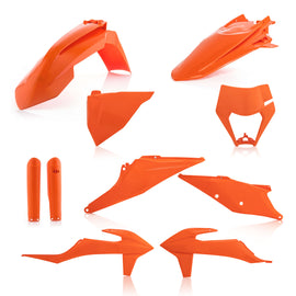 Acerbis full plastic kit in bright orange for motorcycle, featuring various plastic panels and components for bike customization.