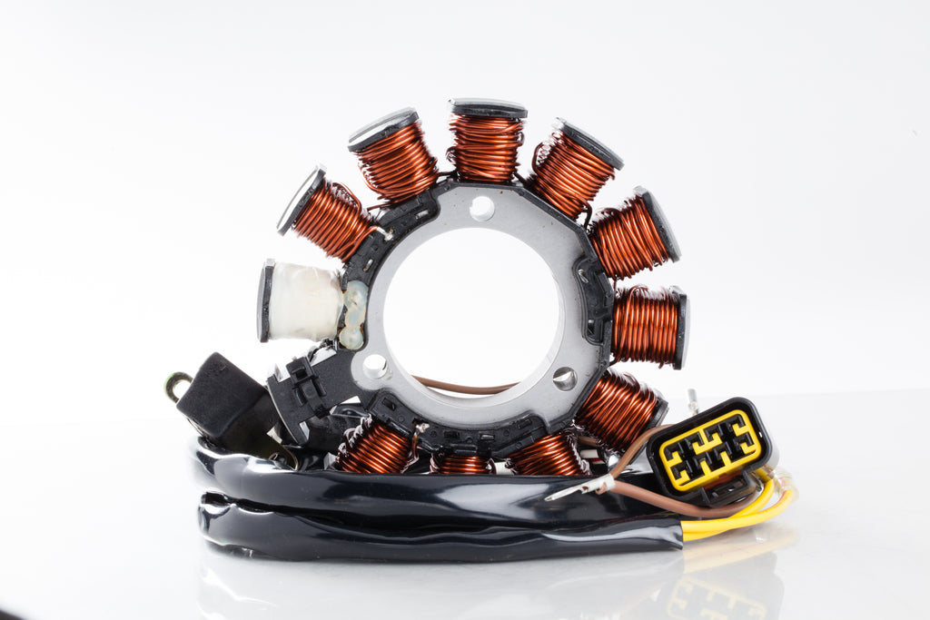 Ricks Motorsport Electric Stator 27-21556 for motorcycle electrical systems, showing the compact coil and mounting plate.