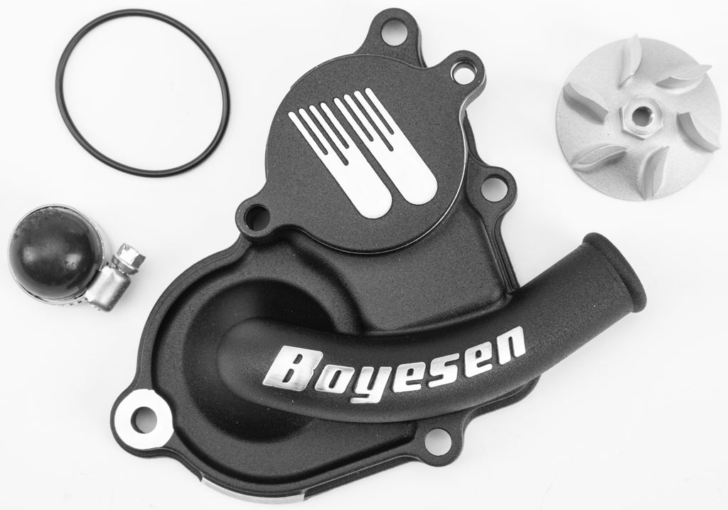 Boyesen waterpump cover and impeller kit in black, designed for motorcycle or ATV waterpump systems, with visible components in the image.