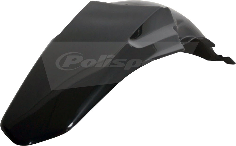 Black Polisport Plastics rear fender for Yamaha YZ250 motorcycle, shown installed on the bike with a close-up view of the fender.
