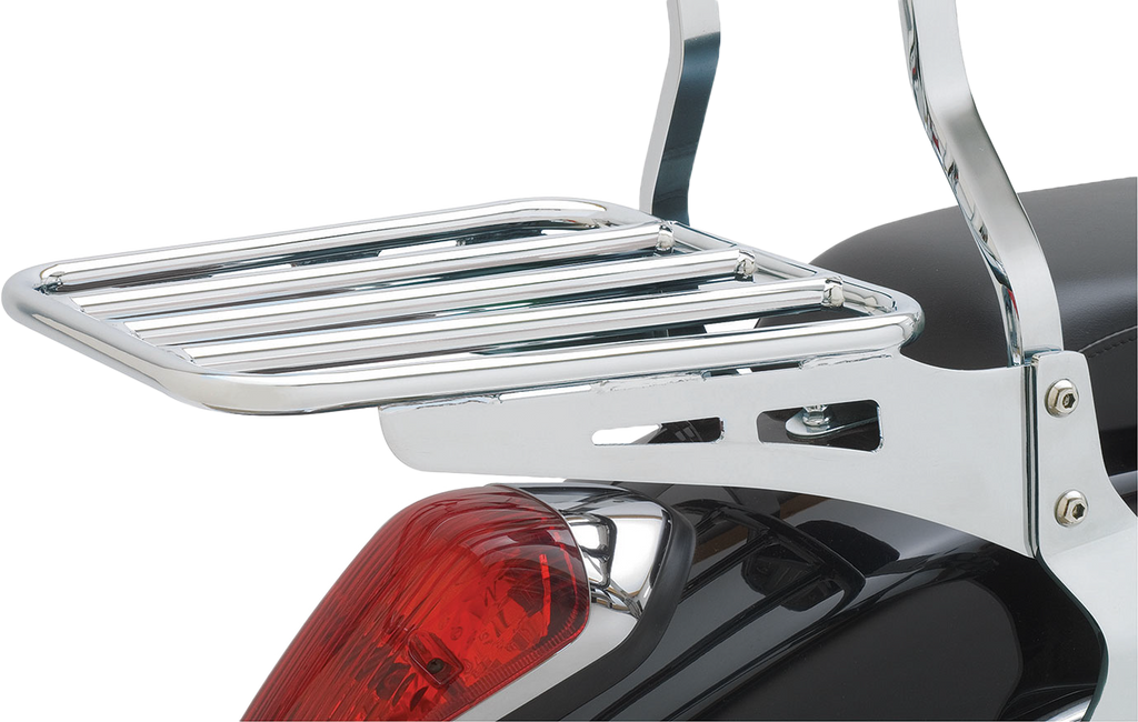 Chrome Cobra Sissy Bar Luggage Rack Tube for motorcycle with mounting hardware and sleek tubular design, fits Cobra models.