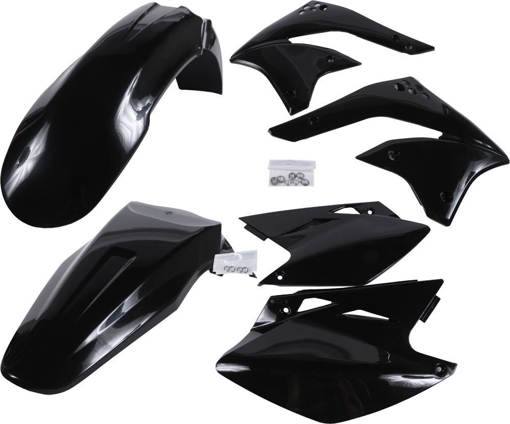 Acerbis black plastic kit with various custom-fit motorcycle parts, including panels and covers, arranged on a surface.