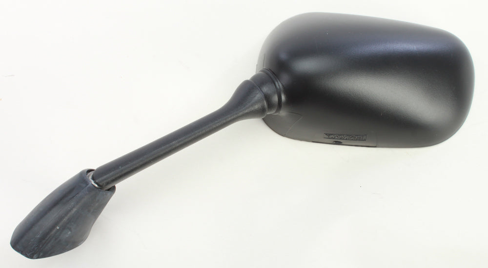 Black left motorcycle mirror by Emgo, model Yam 56-9933, with a sleek design and mounting arm visible.