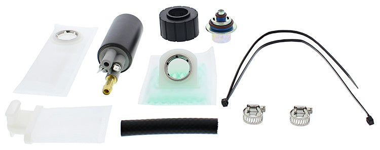 All Balls fuel pump rebuild kit for intake, carb, and fuel system, shown with various replacement parts and components.