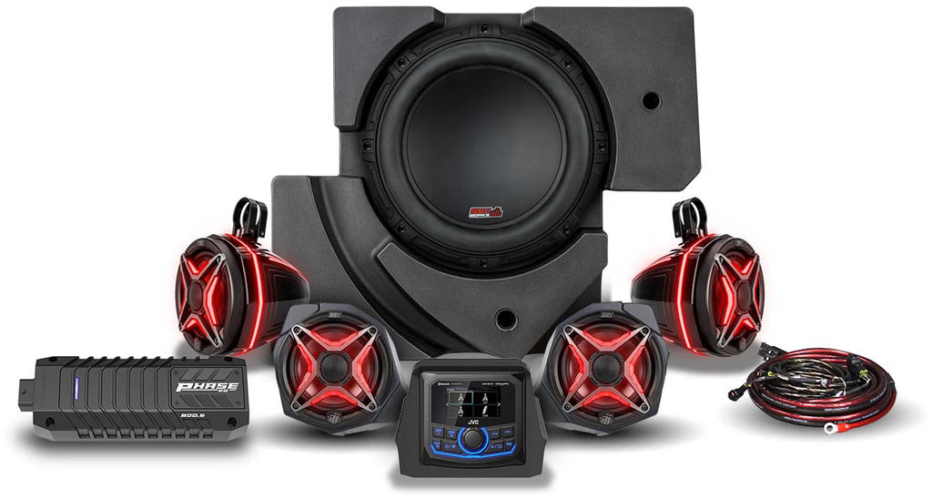 SSV Works 5 speaker kit with JVC controller, featuring audio components and wiring for enhanced vehicle sound system.