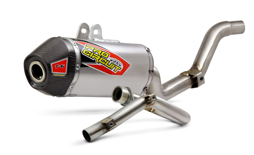 Pro Circuit T6 Exhaust System for motocross bikes, showcasing the polished metal pipe and mounting components.