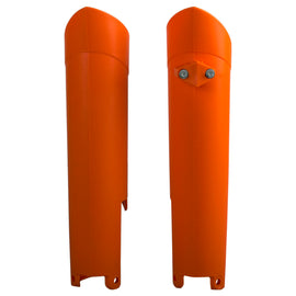 Polisport Plastics KTM orange fork guards for motorcycle, featuring durable plastic construction and mounting hardware.
