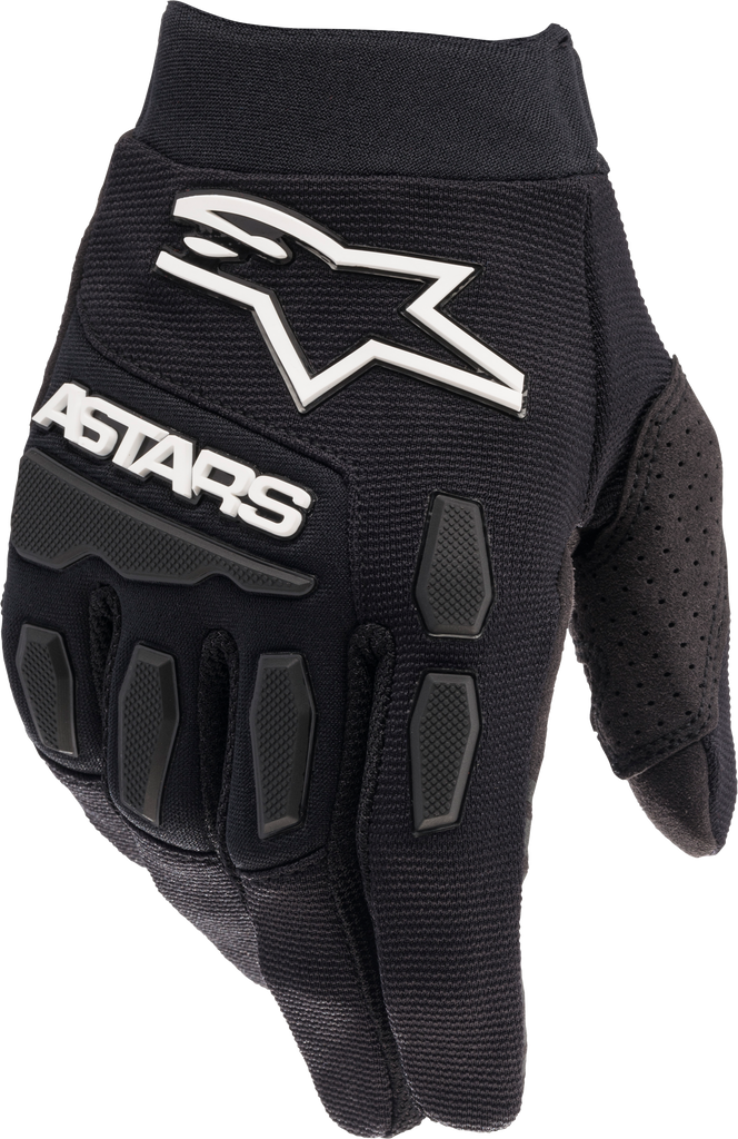 Black and white Alpine Star Youth Full Bore gloves with adjustable wrist strap and padded knuckles.