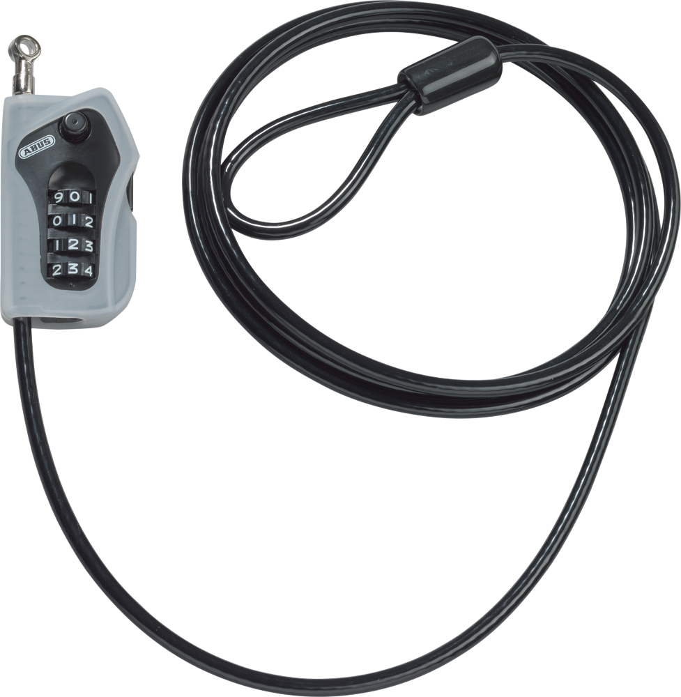 Abus Combiloop 205 cable lock in black with silver key, used for securing bikes and outdoor equipment.