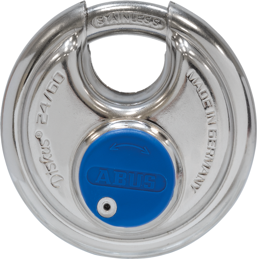 Abus Diskus 24ib padlock with durable metal body and key lock, used for security on gates, lockers, and storage units.