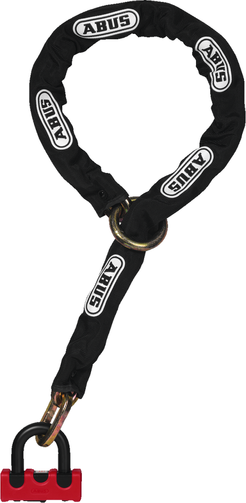 Abus Granit Xs67 disc lock with chain and adaptor, high-security bike lock showing the lock and chain in a close-up view.