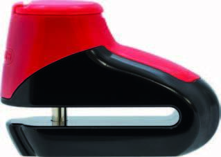 Red Abus 303 disc lock with key, compact motorcycle lock featuring a sturdy metal body and secure locking mechanism.