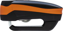 Load image into Gallery viewer, Abus 7000 Rs1 3D Alarm Disc Lock in bright orange, with keyhole and locking mechanism visible, designed for bike security.