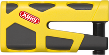 Load image into Gallery viewer, Yellow Abus Granit Sledg 77 disc lock with key, heavy-duty motorcycle or bike lock for security in outdoor conditions.