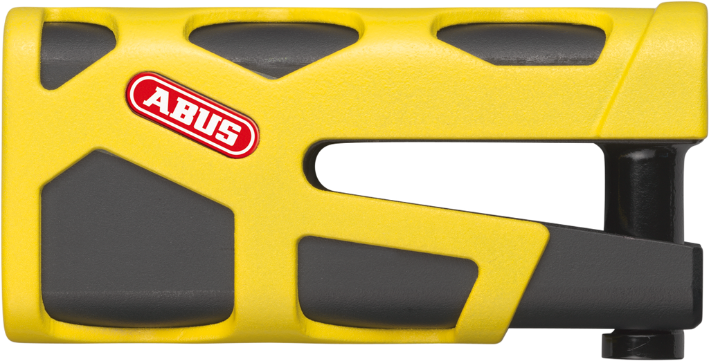 Yellow Abus Granit Sledg 77 disc lock with key, sturdy anti-theft bicycle or motorcycle lock with a durable design
