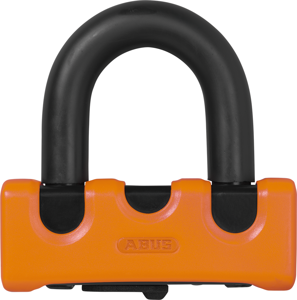 Abus Granit Xs67 orange disc lock with key, high-security bike lock, shown in a close-up view.
