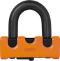 Abus Granit Xs67 orange disc lock with key, high-security bike lock, shown in a close-up view.