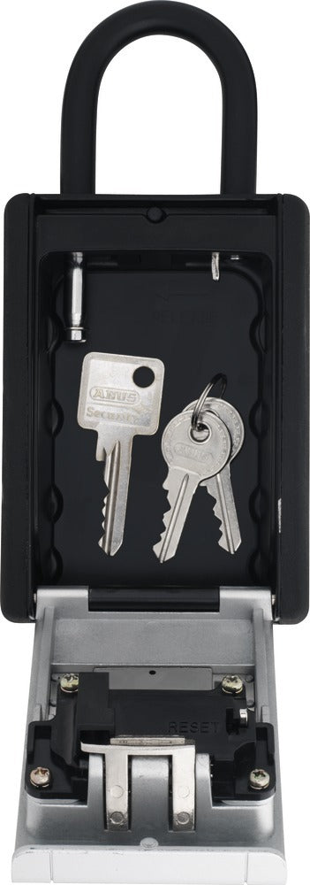 Silver Abus Keygarage 797 lock, a durable outdoor key storage box with keyhole and weather-resistant design.