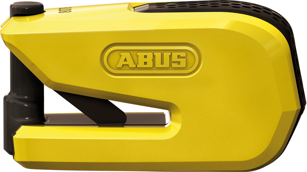 Abus Smartx 8078 3D Alarm Disc Lock in yellow, showing the lock's compact design with keyhole and alarm features.