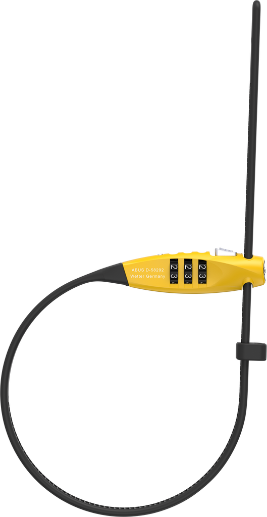 Abus Travelguard Straplock in bright yellow attached to a bike, providing security and protection for bike accessories.