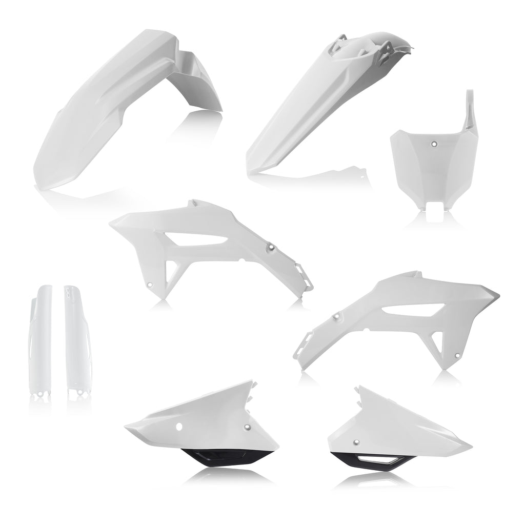 Acerbis full white plastic kit with black accents, designed for motorcycle or ATV, shown on a plain background.