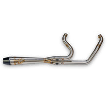Load image into Gallery viewer, Sawicki Speed Shop M8 Softail mid exhaust with brushed stainless steel finish and black end cap, designed for Harley Softail bikes.
