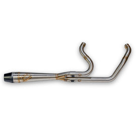 Sawicki Speed Shop M8 Softail mid exhaust with brushed stainless steel finish and black end cap, designed for Harley Softail bikes.