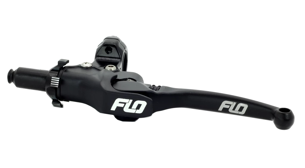 Flo Motorsports Pro 160 clutch lever in black, showcasing durable metal construction and ergonomic design for motorcycle control.