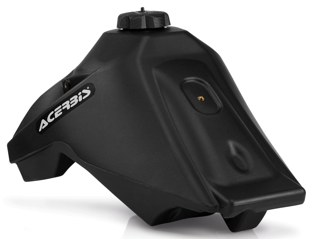 Acerbis 3.1-gallon black fuel tank for motorcycles, featuring a sleek black design and durable construction.