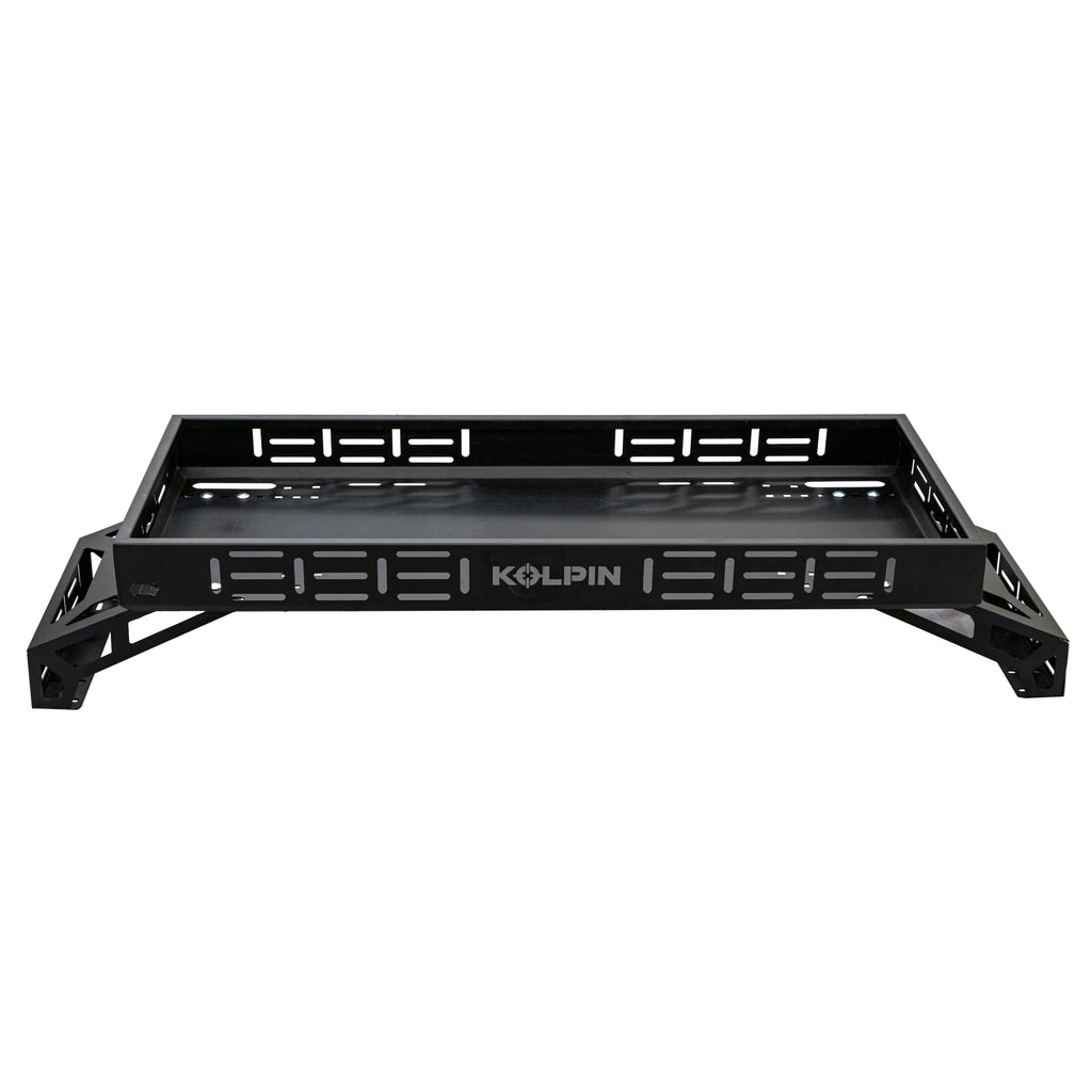 Kolpin UTV raised metal full-bed rack with sturdy construction and mounting points for secure utility vehicle cargo storage.