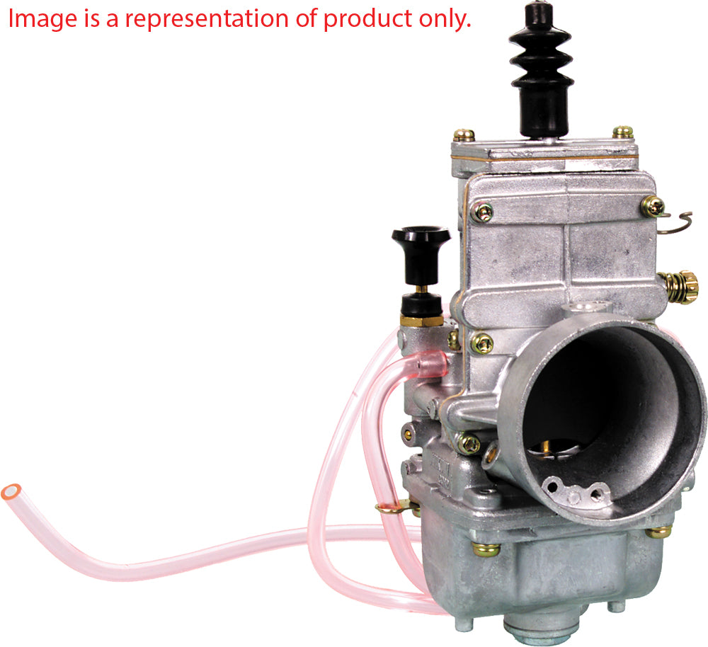 Mikuni TM 40mm flat slide carburetor with accelerator pump for motorcycle fuel intake system, shown with attached components.