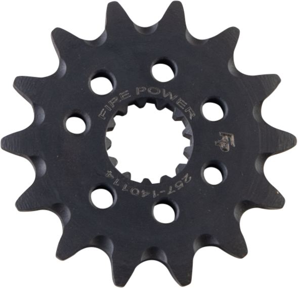 Steel Fire Power 14T front CS sprocket for street bikes, showing the gear teeth and brand markings on the sprocket.