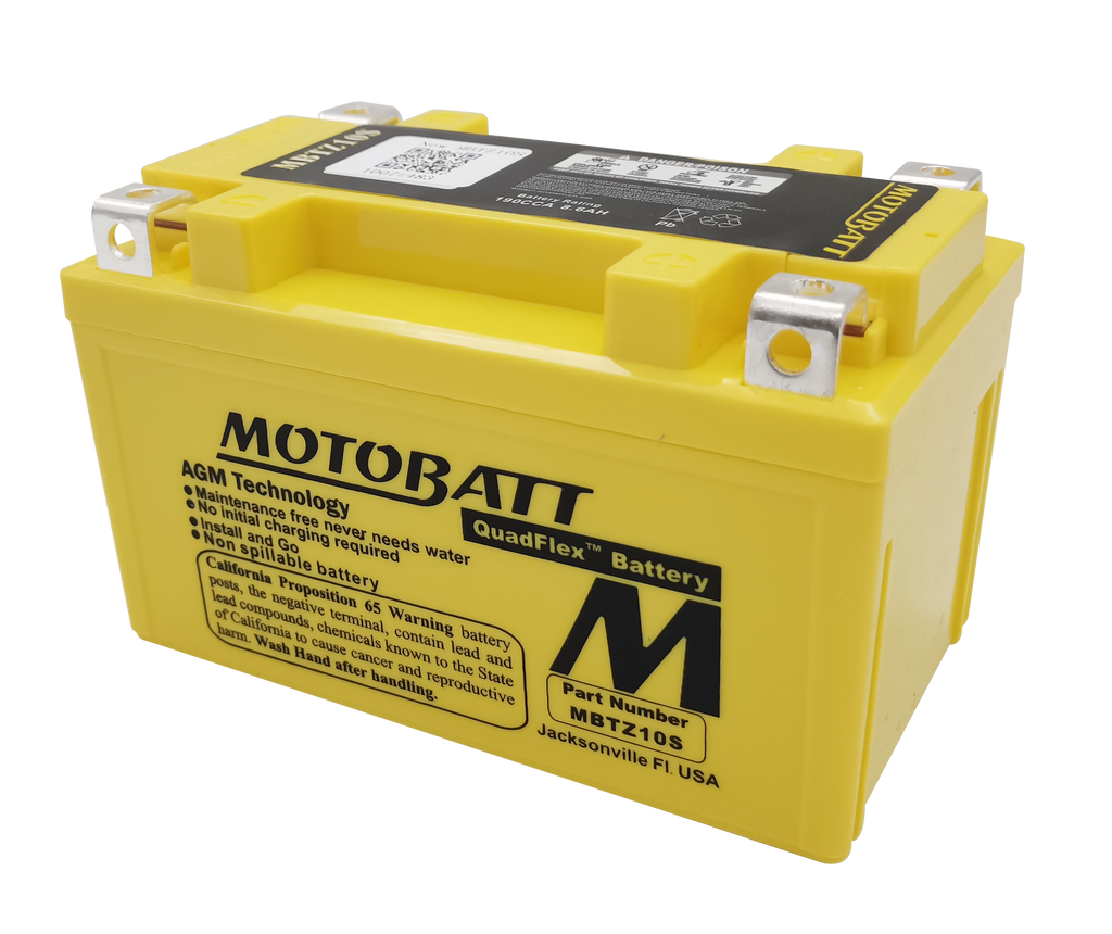 Motobatt MBTZ10S sealed, factory-activated motorcycle battery with compact design and durable construction.