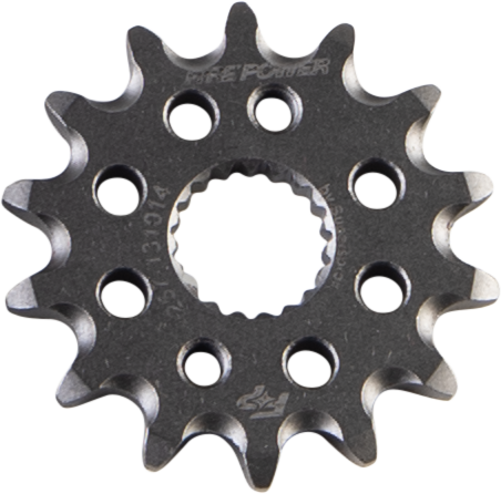Steel Fire Power 14-tooth front CS sprocket for motorcycle, showcasing the gear teeth and branding details.