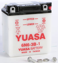 Load image into Gallery viewer, YUASA 6N6 3B 1 conventional battery showing its compact size and terminal connections.