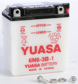 Yuasa 6N6-3B-1 conventional motorcycle battery with positive and negative terminals, black casing, and model labeling.
