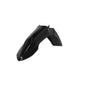 Acerbis black front fender for motorcycle, showcasing the durable body design and sleek Yamaha-style appearance.