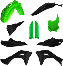 Acerbis full plastic body kit for Kawasaki in green and black, includes front and side panels for motorcycle customization.