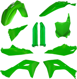 Acerbis full plastic body kit in green for Kawasaki motorcycle, includes front and rear panels, high-quality replacement parts.