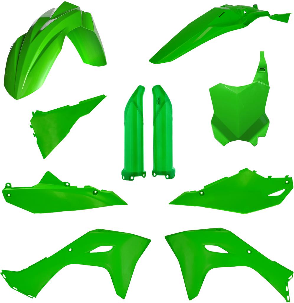 Acerbis full plastic body kit in green for Kawasaki motorcycle, model 24, with parts displayed on a white background.