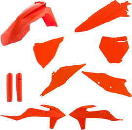 Acerbis orange full plastic body kit for KTM motorcycle, includes front and side panels, with visible branding and mounting points.