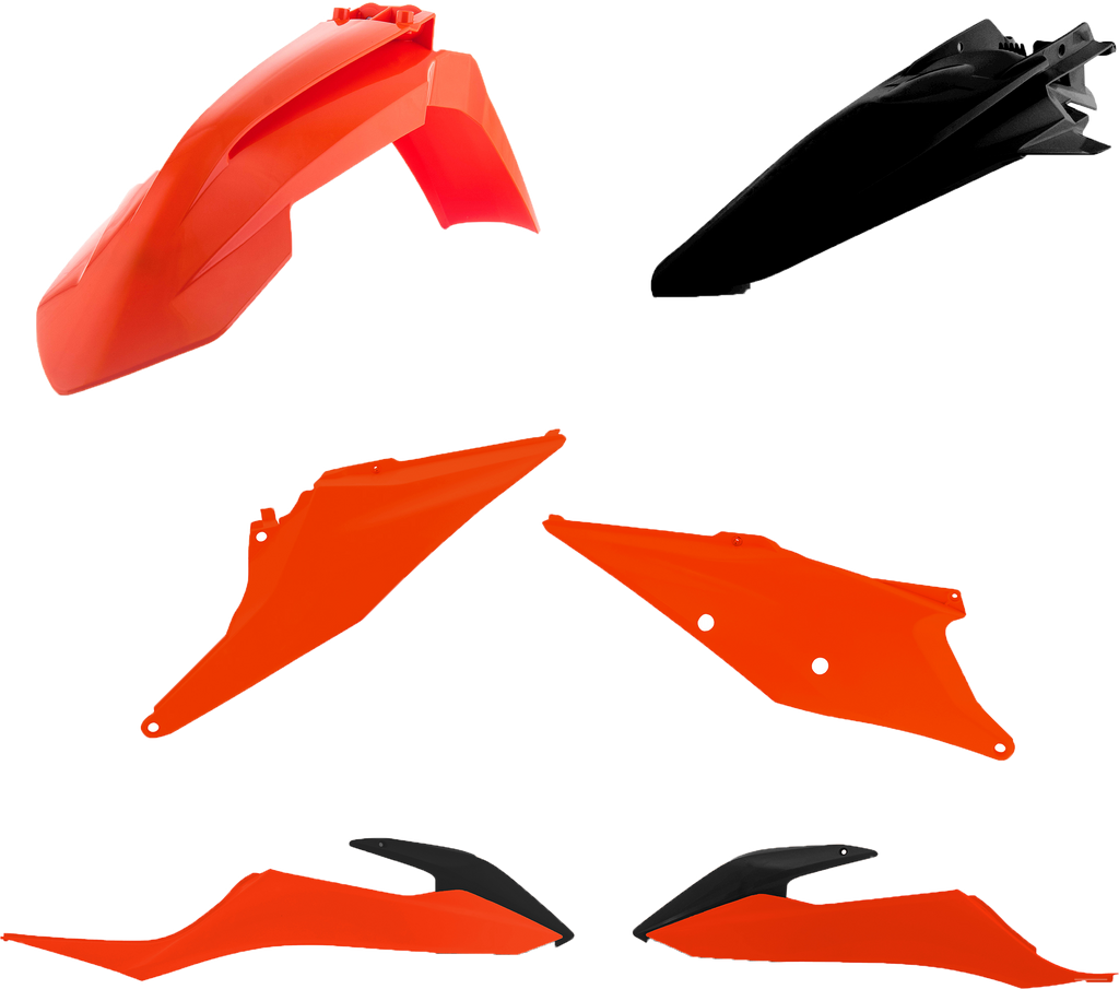Acerbis plastic body kit for KTM 2022, includes various black and white plastic panels and parts for motorcycle body customization.
