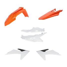 Acerbis plastic body kit for KTM motorcycle, featuring white and black panels with brand logo, designed for durable fit.