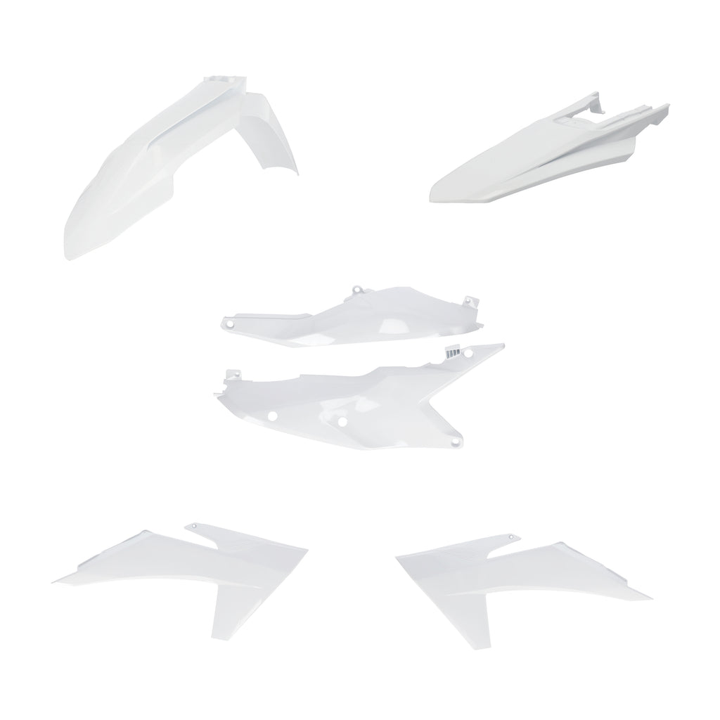 Acerbis white plastic body kit for KTM motorcycles, featuring durable panels and components for bike customization and repair.