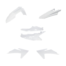Acerbis white plastic body kit for KTM motorcycle, includes various panels and parts for bike customization and repair.