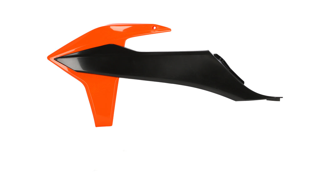 Acerbis orange and black radiator shroud for KTM motorcycle, featuring body design with visible branding and vent openings.