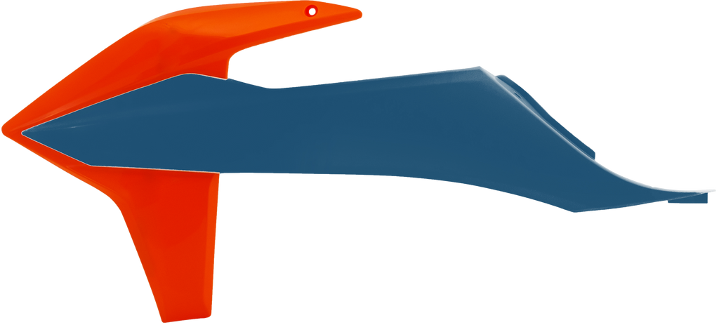 Acerbis KTM 16 orange and blue radiator shrouds for motocross bikes, featuring aerodynamic body design and vibrant color accents.