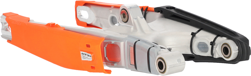 Acerbis Teketmagnet orange swingarm guard for KTM motorcycles, mounted on a black swingarm, with visible branding and protective design.